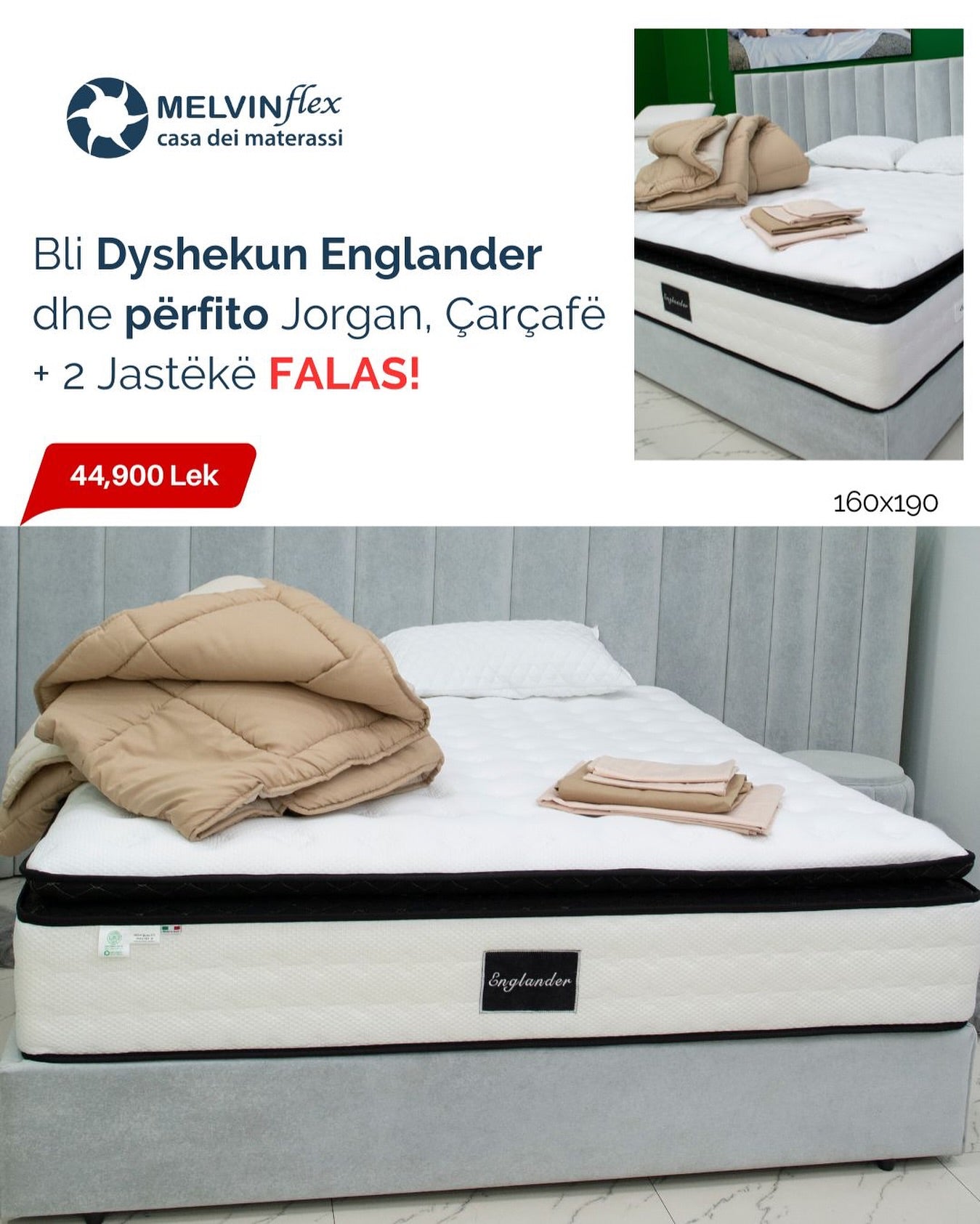 Dyshek Englander + Jorgan + Çarçaf+ 2 Jastëkë FALAS!